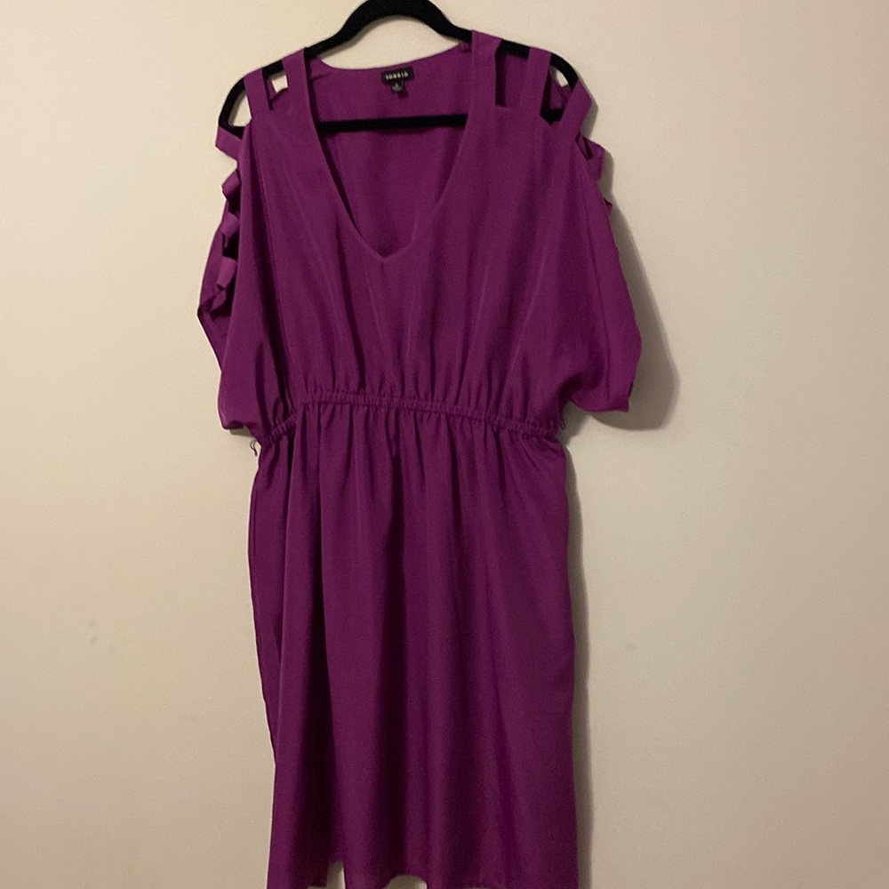 Torrid cold shoulder/ladder sleeve v-neck mini dress